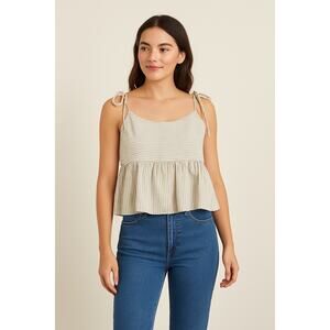 POL Beige Striped Tie Strap Ruffle Peplum Top Size Small